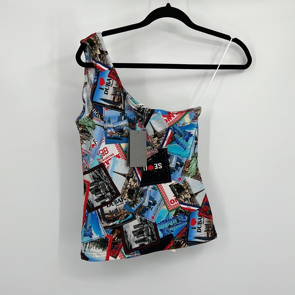 ❌SOLD❌ Balenciaga Asymmetric All Over Cities Tank Top in Multicolor - Picture 4 of 8